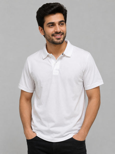 White Half Sleeves T-Shirt Polo Neck